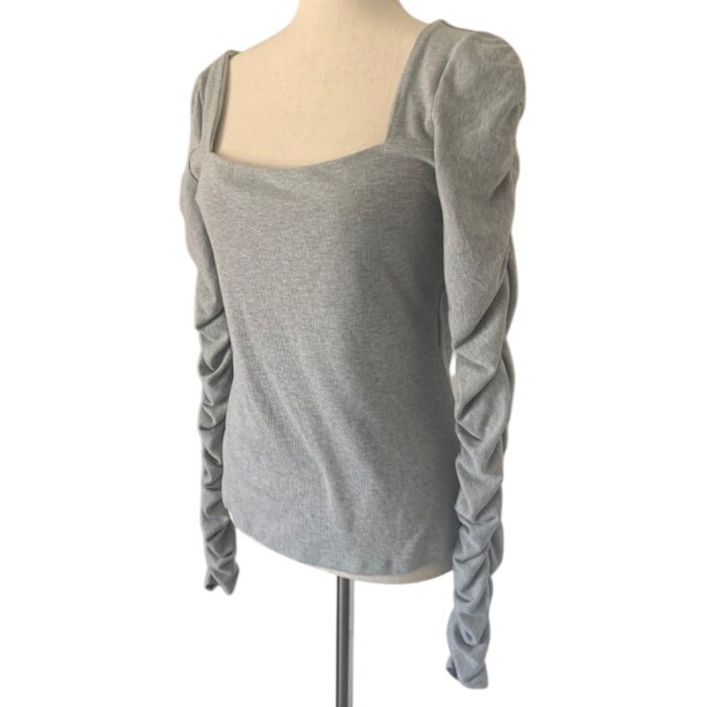 Elodie Square Neck Ruched Long Sleeve Top XL Grey Ribbed Knit Soft EUC